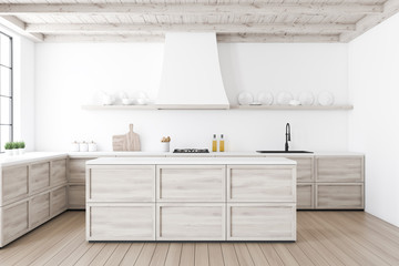 White kitchen interior with island - obrazy, fototapety, plakaty
