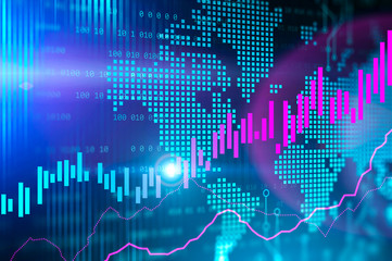 World map and purple digital graph