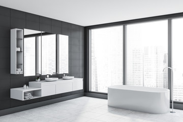 Panoramic gray tile bathroom corner, tub and sink