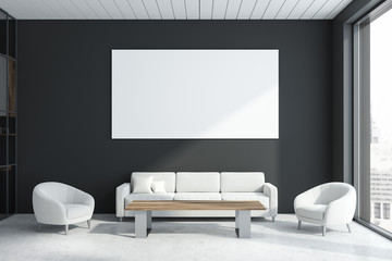 Gray office waiting room interior with poster