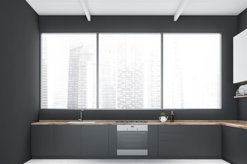 Panoramic gray kitchen interior with oven
