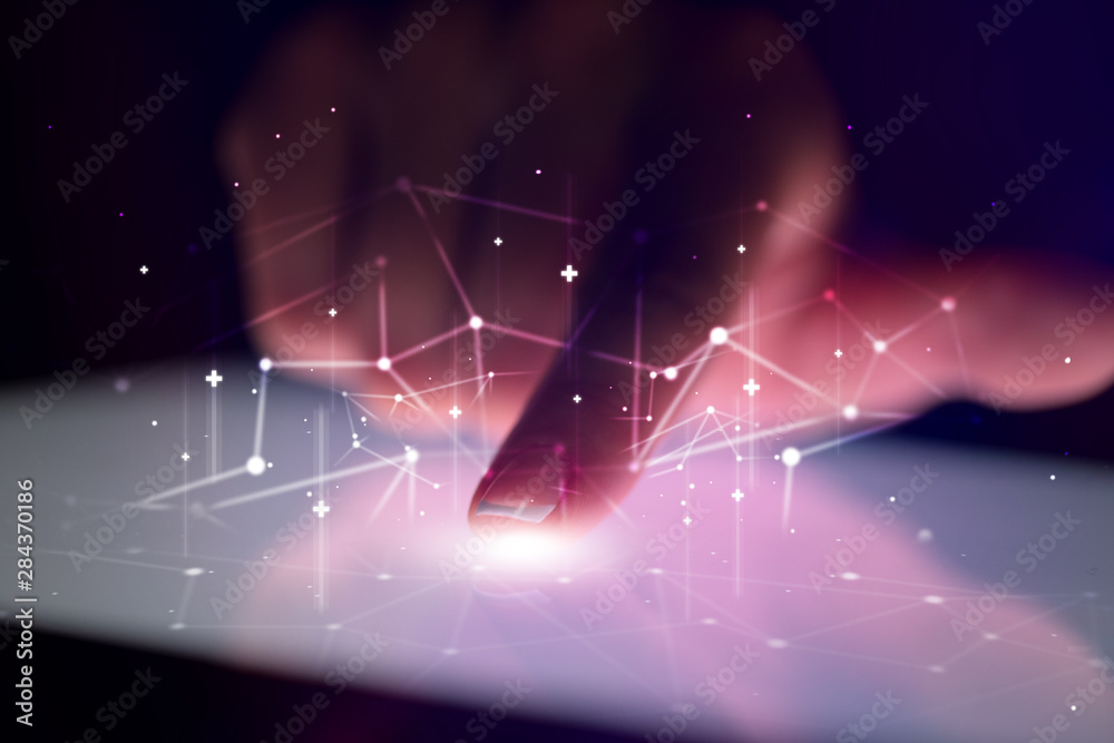 Aufkleber finger touching tablet with global network concept and dark background