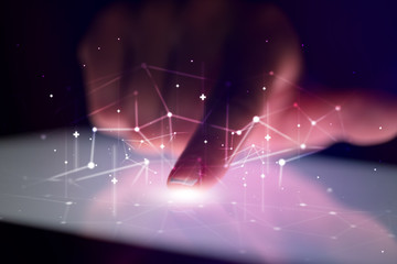 Finger touching tablet with global network concept and dark background