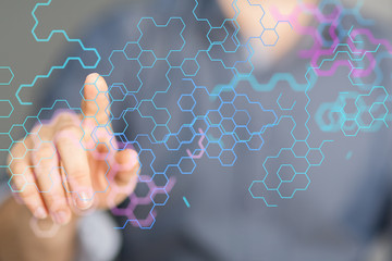 Abstract futuristic - Molecules technology with polygonal shapes on dark blue background.