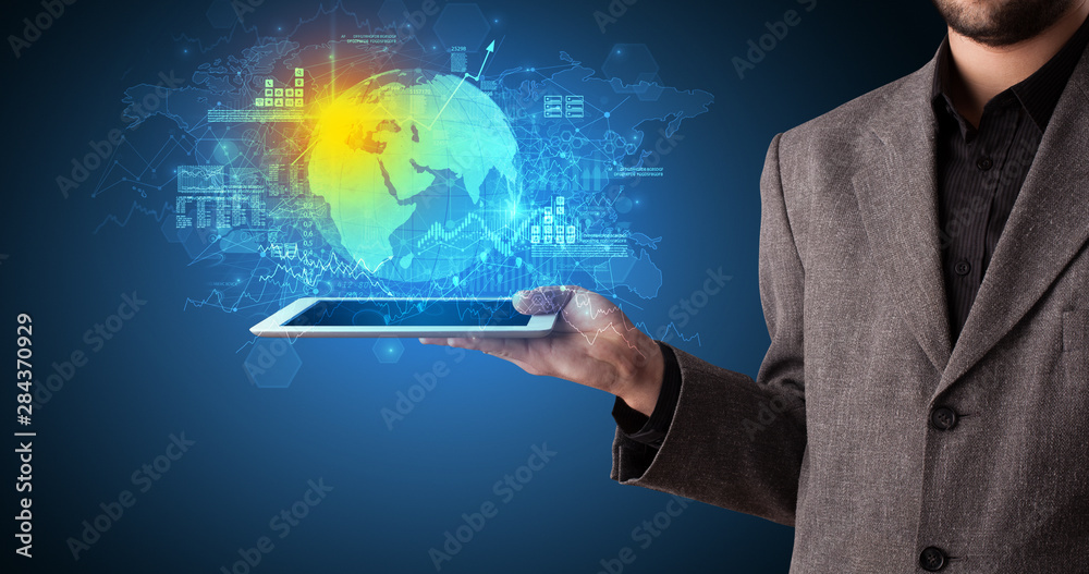 Poster hand holding tablet with global database concept