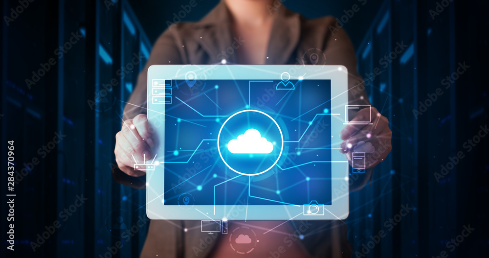 Poster formal hand in server room with virtual workspace concept