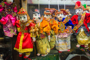 Myanmar. Yangon. Bogyoke Aung San Market. Traditional Burmese puppets.