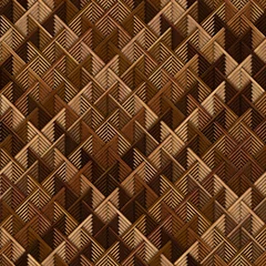 Wall murals Brown Carved geometric pattern on wood background seamless texture, diagonal stripes, cross pattern, 3d illustration