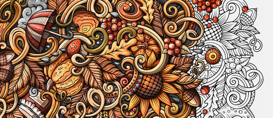 Cartoon cute colorful hand drawn doodles Fall season banner