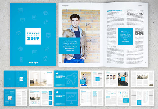 Annual Report Layout with Blue Elements