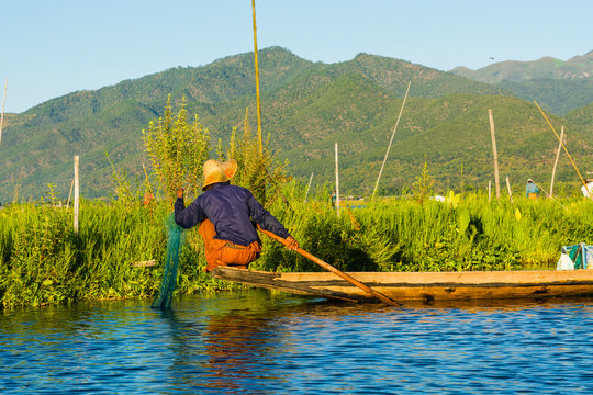 Myanmar. Shan State. Inle Lake. Floating farm. Fisherman putting out a net. - Powered by Adobe