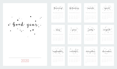 Good Year beautiful monthly Calendar for 2020 Year. Printable and ready to use design template. Stylish monochrome stationery design. Minimal vector calendar for 2020