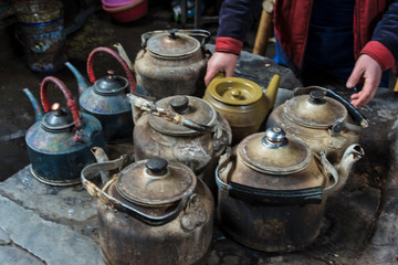 Old teapots at an old tea house, Pengzhen, Chengdu, Sichuan Province, China