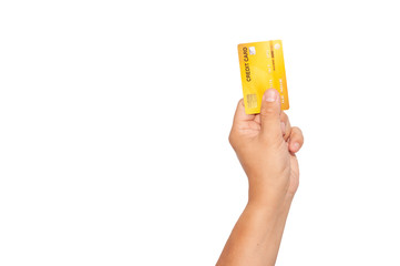 Unidentified man hand holding many credit cards isolated for do some financial transaction.  Business financial technology for moneyless with credit card.