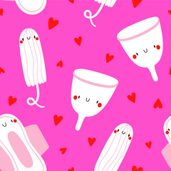 Super cute vector texture with Menstrual Cups, Pads, Tampons and hearts. Feminine background for Periods. Monthly cycle seamless pattern.