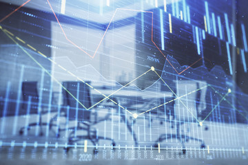 Multi exposure of stock market graph on conference room background. Concept of financial analysis