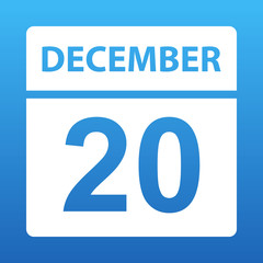 December 20. White calendar on a colored background. Day on the calendar. Twentieth of december. Vector illustration.