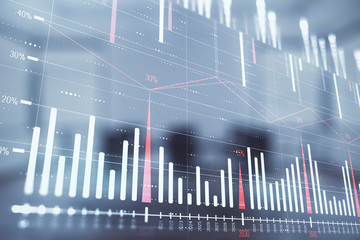 Multi exposure of stock market graph on conference room background. Concept of financial analysis