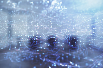 Double exposure of technlogy theme abstract hologram on conference room background. Concept of hightech