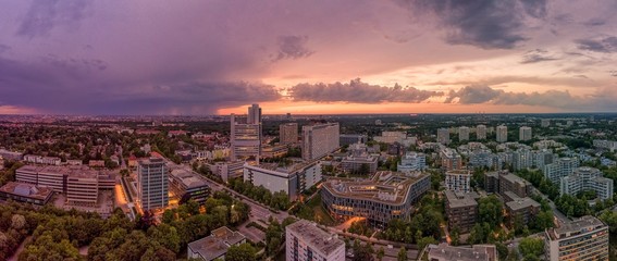 Munich from above, a droneshot in the colorful evening, Bavaria, Germany.
