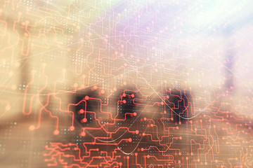 Double exposure of technlogy theme abstract hologram on conference room background. Concept of...
