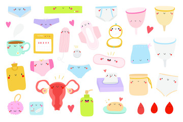 Super cute vector set of hand drawn Positive Period objects. Cartoon Menstrual collection. Women's health and self care cute illustration.
