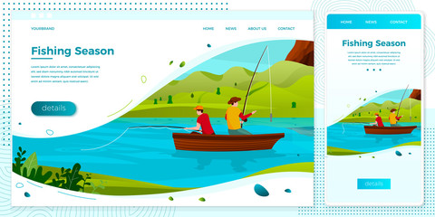 Vector cross platform illustration set - fishermans on boat, father and son with rods. River, forests, trees, mountains and hills on green background. Browser and mobile phone template