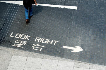 Naklejka na ściany i meble Hong Kong traffic sign, look right,