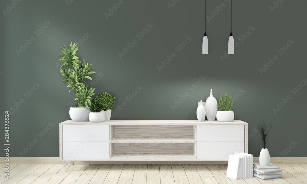 Wall mural mock up poster cabinet wooden on green room living japanese design.3d rendering