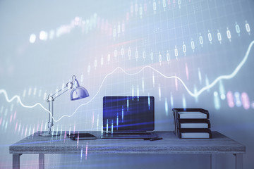 Stock market chart and desktop office computer background. Multi exposure. Concept of financial analysis.