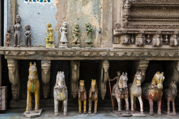 India, Rajasthan, Udaipur, terra cotta horses and figurines in city center market.
