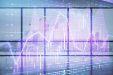 Double exposure of financial chart on empty room interior background. Forex market concept.
