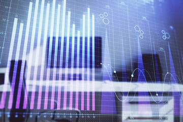Stock market chart and desktop office computer background. Multi exposure. Concept of financial...