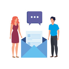 young couple with envelope mail characters