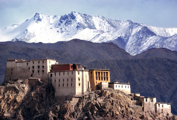 Asia, India, Ladakh, Lamayuru. Lamayuru Monastery sits perched on a ridge below the Greater...