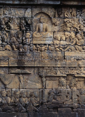 Indonesia, Yogyakarta, Wall Detail of Borobudur Buddhist Temple, 1100 Years Old, Close-up