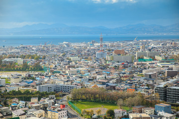 HAKODATE, HOKKAIDO, JAPAN - OCTUBER 27, 2018 : The View fo Hakodate city from the top of Goryokaku Tower. Beautiful landscape of Hokkaido japan.