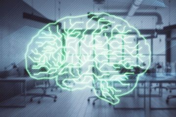 Human brain drawing with office interior on background. Double exposure. Concept of innovation.