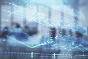 Stock and bond market graph with trading desk bank office interior on background. Multi exposure. Concept of financial analysis