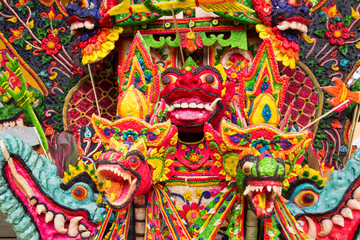 Indonesia, Bali. At temple Pura Penataran Sasih in Bali served various temple festivals are held in the 9th Balinese month. Offerings of food are made to the Gods in Bali, Indonesia.