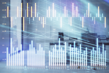 Stock market chart with trading desk bank office interior on background. Double exposure. Concept of financial analysis