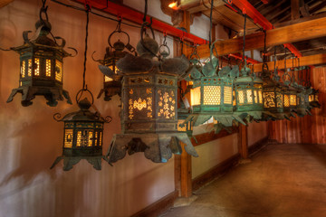 Naklejka premium Japan, Kyoto. Interior of Shinto shrine. 