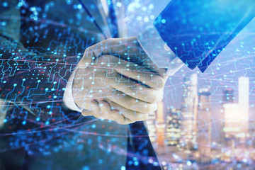 Double exposure of abstract technology drawing on cityscape background with two businessmen handshake. Concept of tech role in business