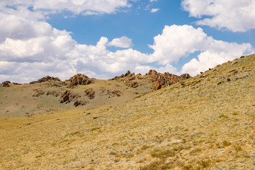 Mongolia, Khovd Province, Altan Hokhii, mountains, high desert valley, landscape and terrain.