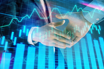 Multi exposure of forex graph on abstract background with two businessmen handshake. Concept of success on stock market
