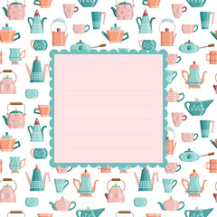 Text frame on a background of colored tea pots and cups