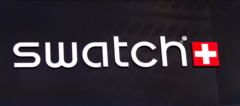 Detail of the Swatch store in Milan, Italy. Swatch is watch manufacturing company founded at 1983.