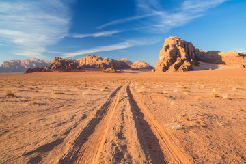 Fototapeta na wymiar Tracks in the desert, Wadi Rum, Jordan