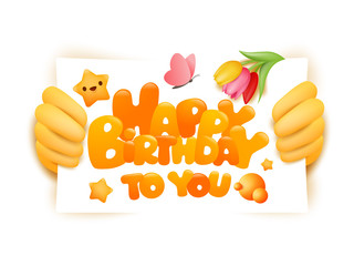 Happy birthday greeting card template with yellow hands holding banner