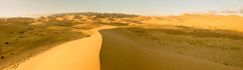 Panorama. Sand Dunes at Sunset. Gobi Desert. Mongolia.